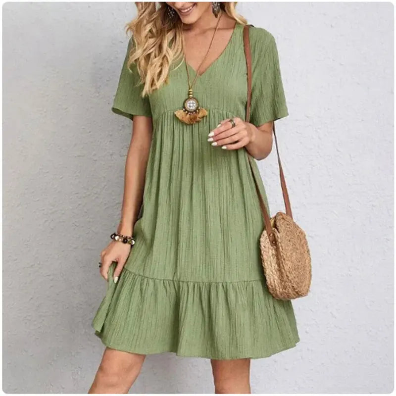 Women Summer Peplum V-Neck Ruffle Dress
