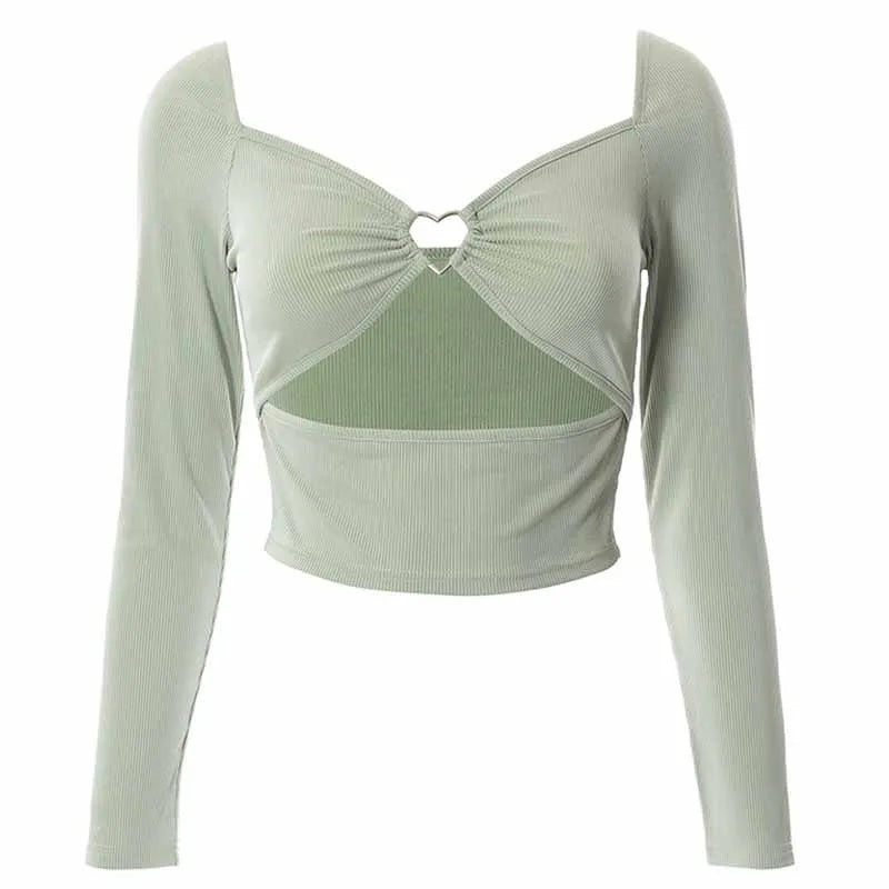Hollow-Out V-Neck Long Sleeve Crop Top