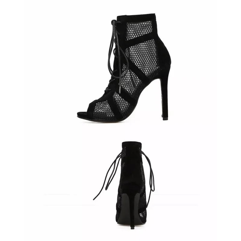 Black Mesh Cross Strap High Heel Sandals