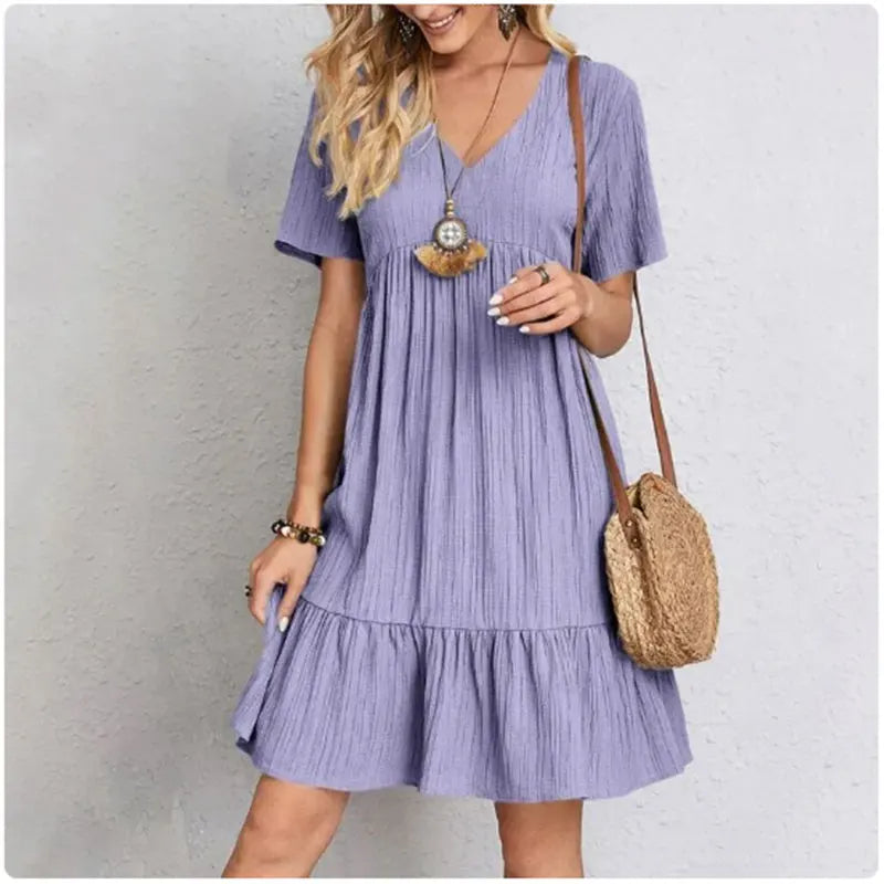 Women Summer Peplum V-Neck Ruffle Dress