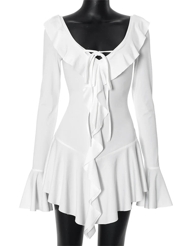 Ruffled Lace-Up White Mini Dress
