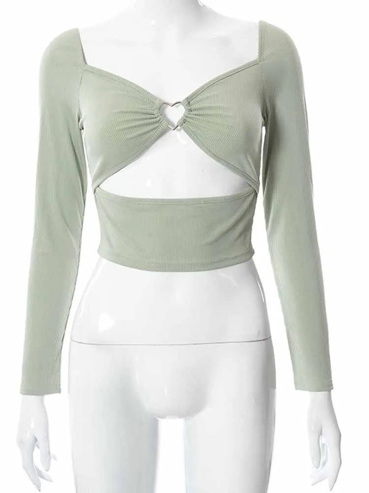 Hollow-Out V-Neck Long Sleeve Crop Top