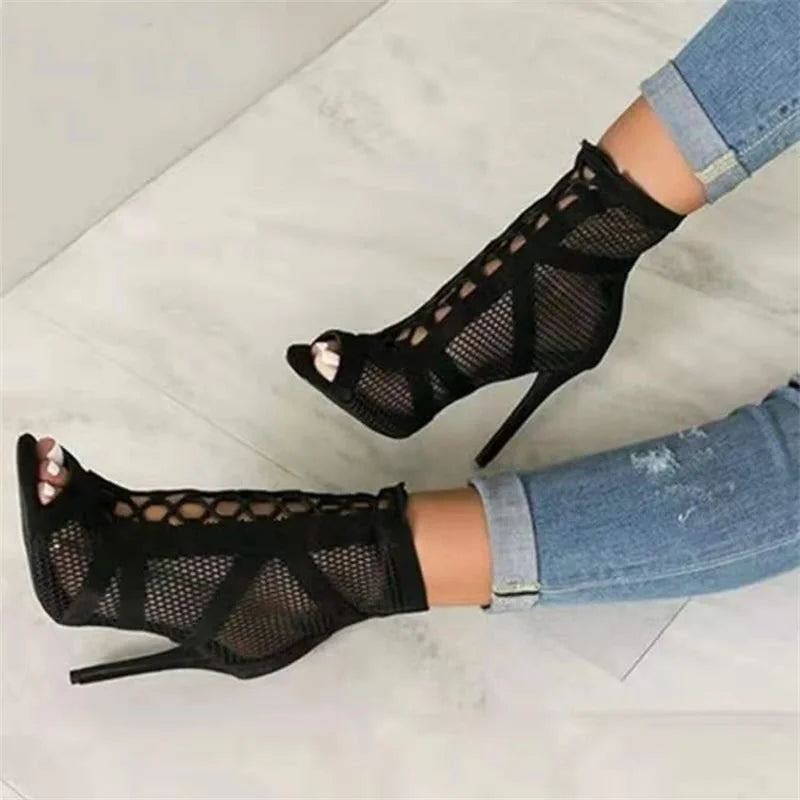 Black Mesh Cross Strap High Heel Sandals