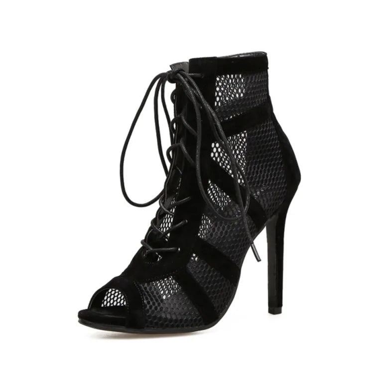 Black Mesh Cross Strap High Heel Sandals