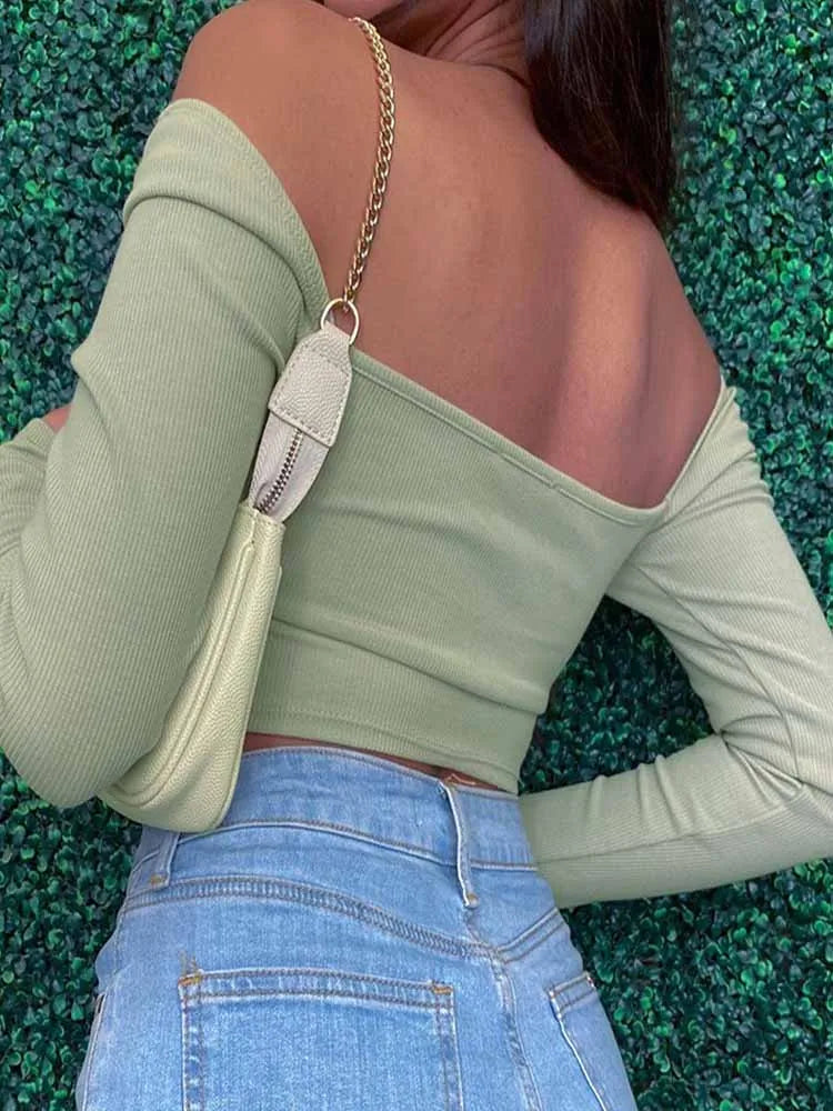 Hollow-Out V-Neck Long Sleeve Crop Top