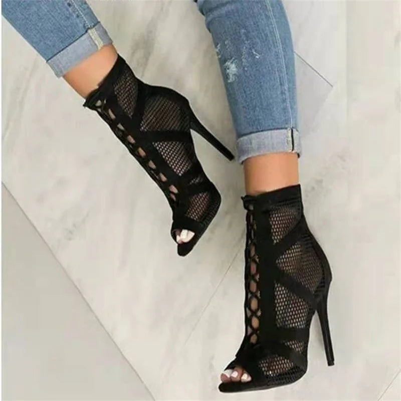 Black Mesh Cross Strap High Heel Sandals