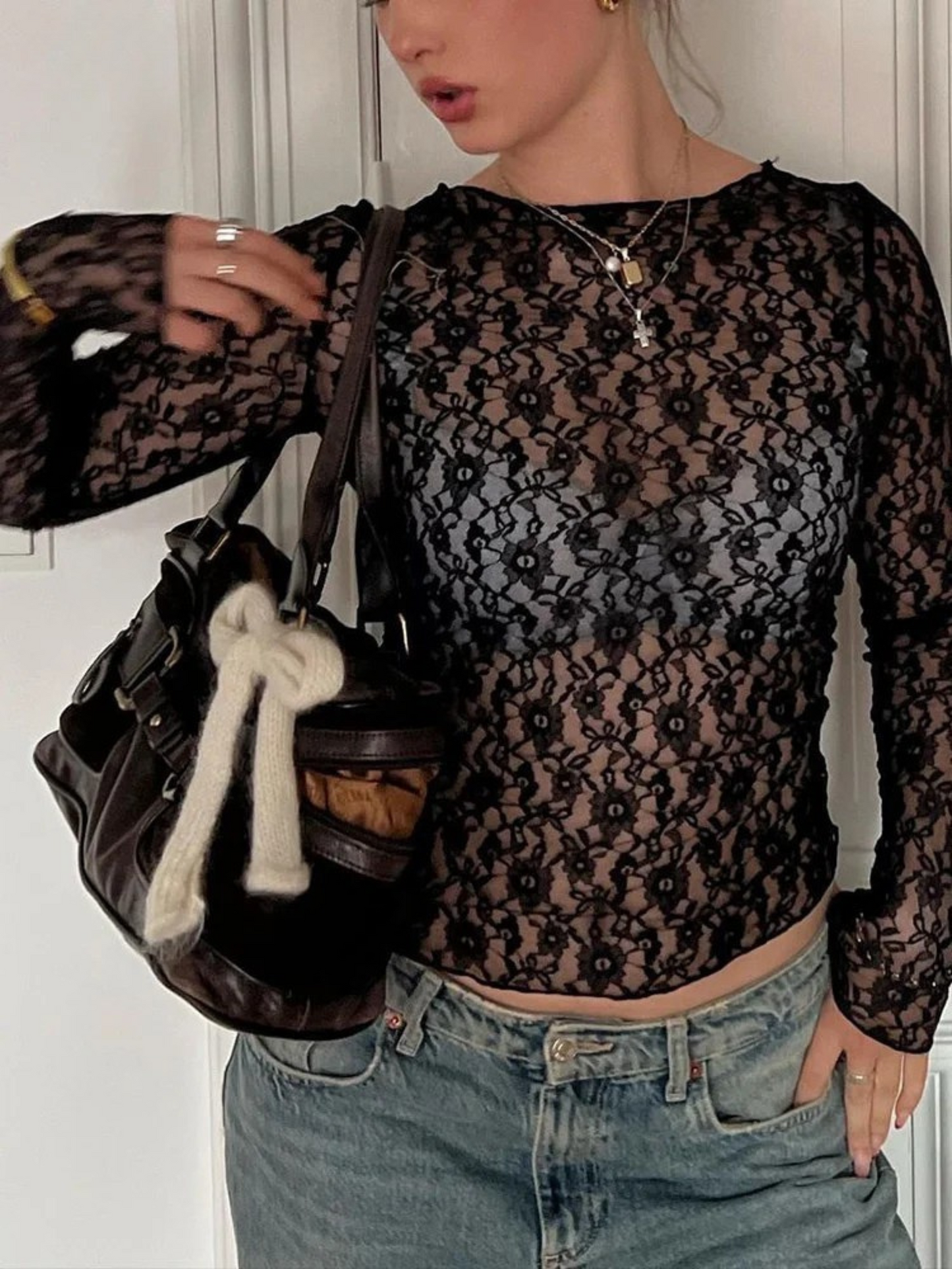 Sexy Lace See-Through Long Sleeve Crop Top