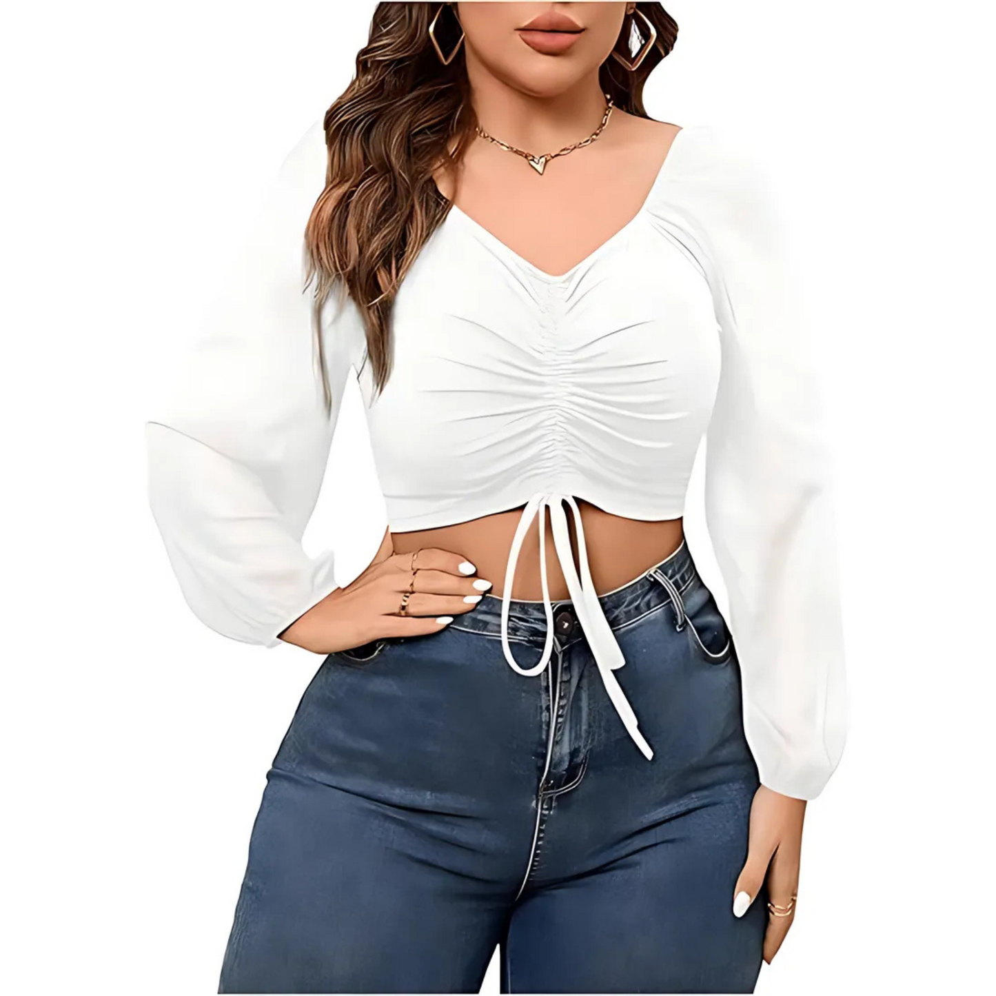 Sexy Mesh Lantern Sleeve Drawstring Wrap Top
