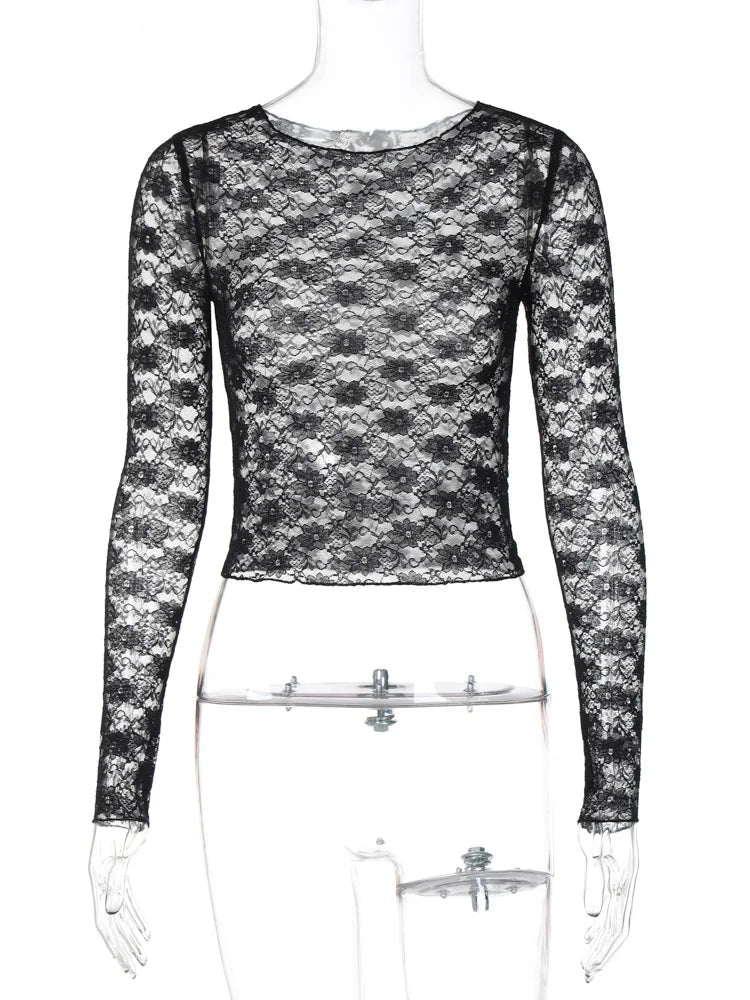 Sexy Lace See-Through Long Sleeve Crop Top