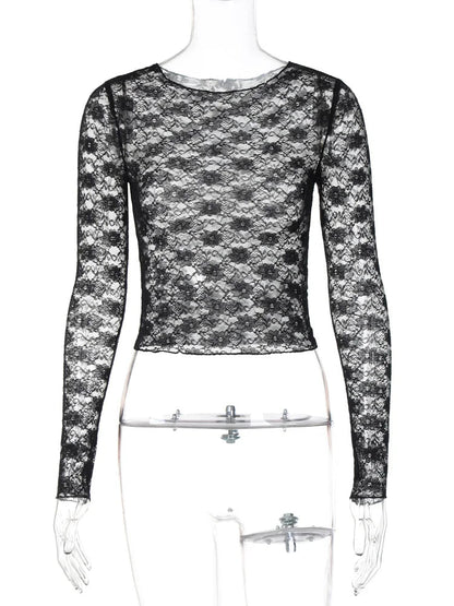Sexy Lace See-Through Long Sleeve Crop Top