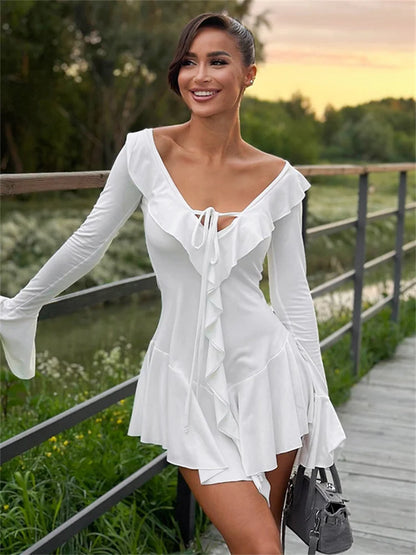 Ruffled Lace-Up White Mini Dress