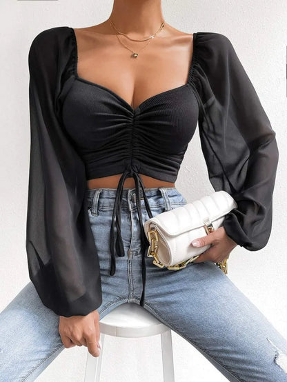 Sexy Mesh Lantern Sleeve Drawstring Wrap Top