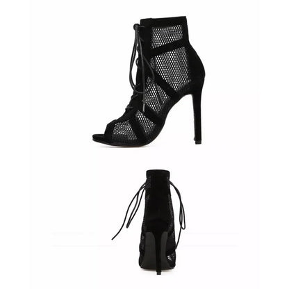Black Mesh Cross Strap High Heel Sandals
