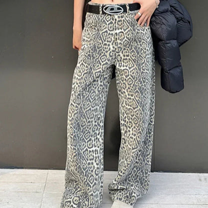 Retro Leopard High Waist Baggy Jeans