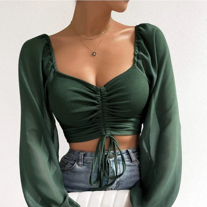 Sexy Mesh Lantern Sleeve Drawstring Wrap Top
