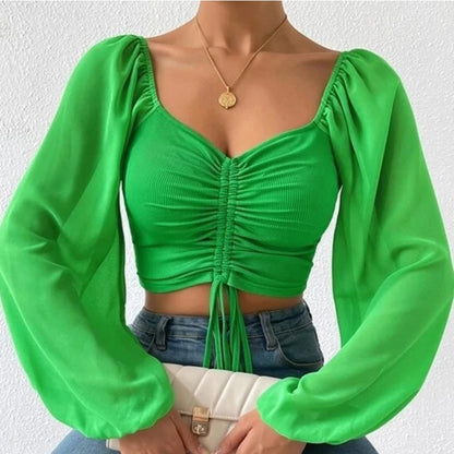 Sexy Mesh Lantern Sleeve Drawstring Wrap Top