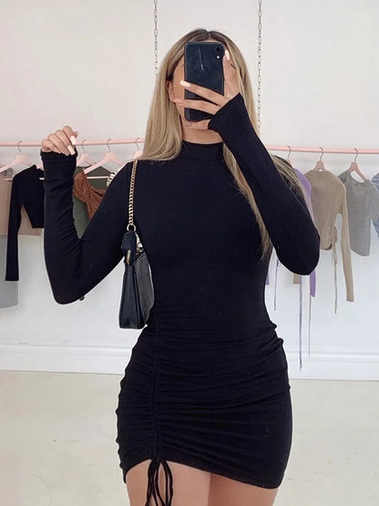 Black Long Sleeve Ruched Bodycon Mini Dress