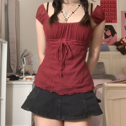 Elegant Lady Square Collar Bow Crop Top