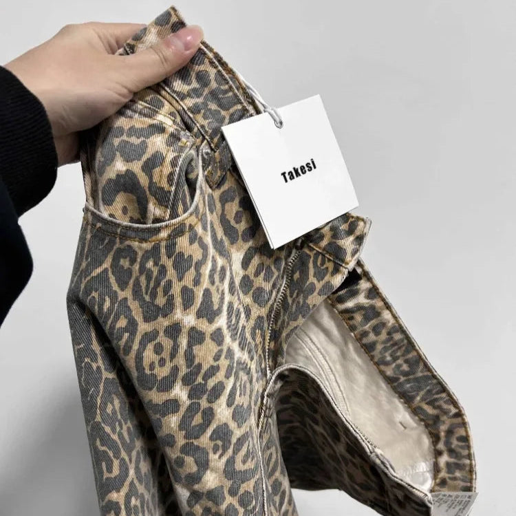 Retro Leopard High Waist Baggy Jeans