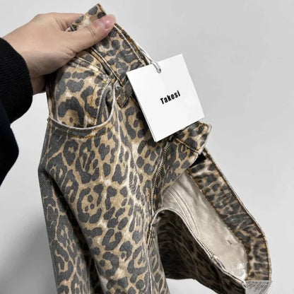 Retro Leopard High Waist Baggy Jeans