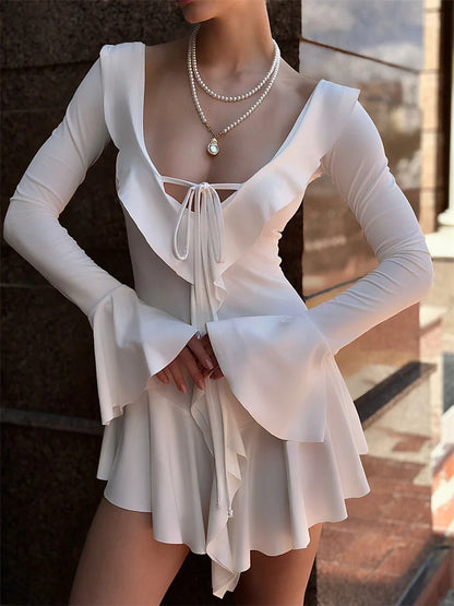 Ruffled Lace-Up White Mini Dress