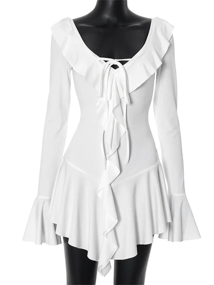 Ruffled Lace-Up White Mini Dress