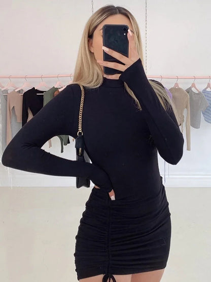 Black Long Sleeve Ruched Bodycon Mini Dress