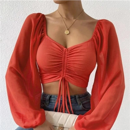Sexy Mesh Lantern Sleeve Drawstring Wrap Top