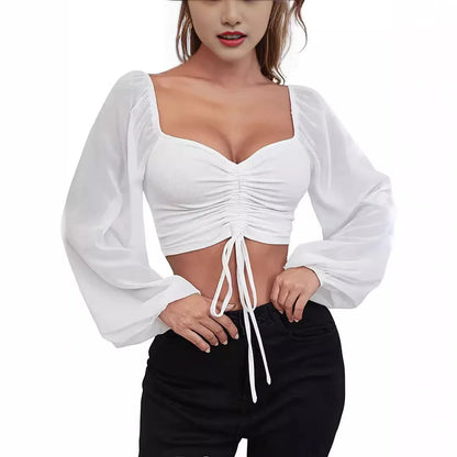 Sexy Mesh Lantern Sleeve Drawstring Wrap Top