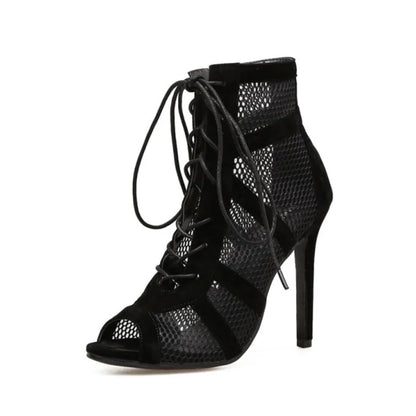 Black Mesh Cross Strap High Heel Sandals