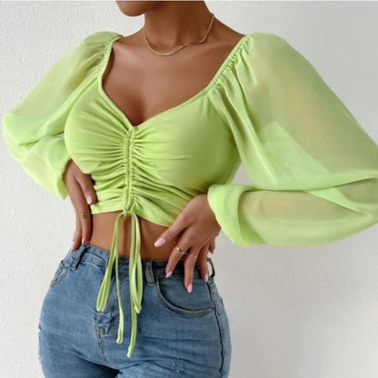 Sexy Mesh Lantern Sleeve Drawstring Wrap Top