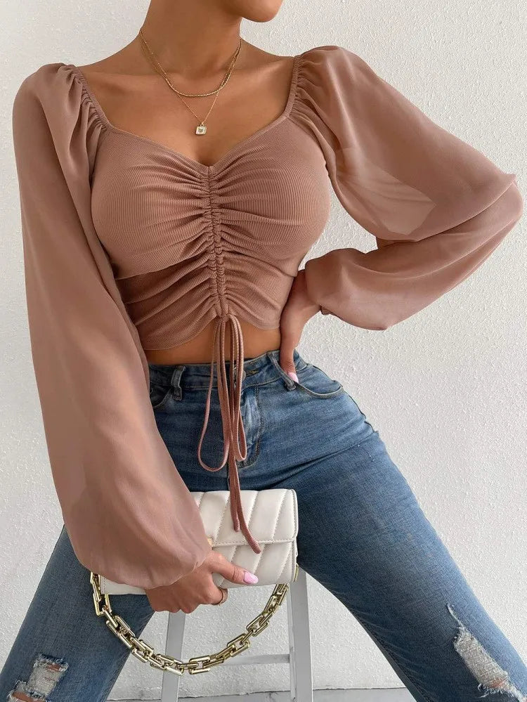 Sexy Mesh Lantern Sleeve Drawstring Wrap Top