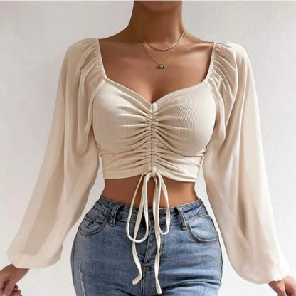 Sexy Mesh Lantern Sleeve Drawstring Wrap Top