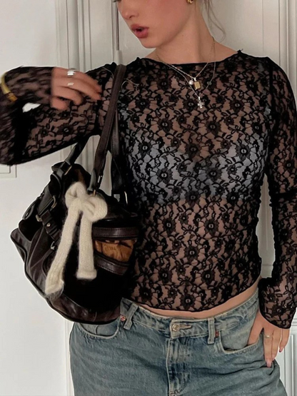 Sexy Lace See-Through Long Sleeve Crop Top