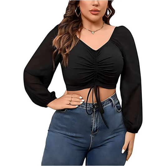 Sexy Mesh Lantern Sleeve Drawstring Wrap Top